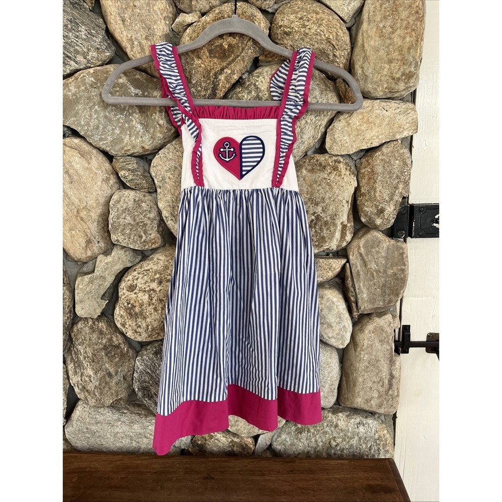 Lil Cactus Pink White Blue Striped Summer Nautical Dress Girls Size 6 Anchor Bow